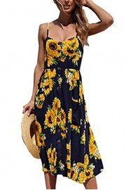 Happy Sailed Women Summer Floral Bohemian Spaghetti Button Swing Beach Midi Dress with Pockets - Mi look - $19.99  ~ 17.17€