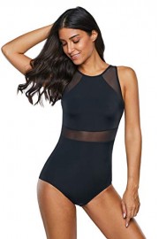 Hilor Women's One Piece Swimsuits High Neck Bathing Suits Mesh Insert Backless Monokini Swimwear - My look - $26.99  ~ £20.51