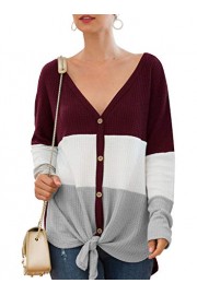IWOLLENCE Womens Waffle Knit Tunic Blouse Tie Knot Long Sleeve Henley Tops Triple Color Block T-Shirt - My look - $9.99 