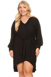 Long Puff Sleeve V Neck Plus Size Dress for Women with Tie Belt - Made in USA - Moj look - $24.99  ~ 21.46€