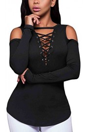 LuckyMore Women's Sexy Open Cold Shoulder Lace-up Ribbed Tops Shirt Blouses - Moj look - $4.59  ~ 3.94€