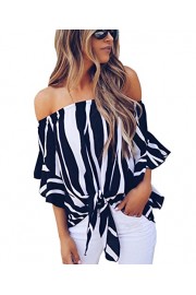 LuckyMore Womens Striped Off Shoulder Bell Sleeve Shirt Tie Knot Summer Blouses Tops - Moj look - $6.98  ~ 6.00€