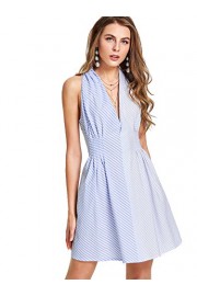 Milumia Women's Deep V Neck Fold Pleat Mixed Stripe Pinstripe Sleeveless A Line Short Dress - My look - $17.99 