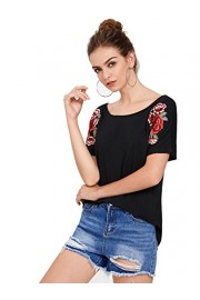 Milumia Women's Embroidered Flower Patch Short Sleeve Tees T-Shirt Tops - Mi look - $19.99  ~ 17.17€
