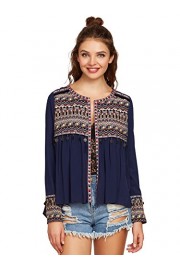 Milumia Women's Embroidered Yoke and Cuff Coin Fringe Trim Blouse - Mi look - $24.99  ~ 21.46€