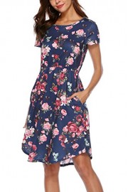 NICIAS Women Floral Short Sleeve Tunic Vintage Midi Casual Dress with Pockets Navy S - Il mio sguardo - $19.99  ~ 17.17€