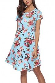 NICIAS Women Floral Short Sleeve Tunic Vintage Midi Casual Dress with Pockets (Sky Blue, XX-Large/US 20) - Il mio sguardo - $19.99  ~ 17.17€
