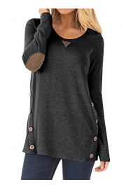 NICIAS Womens Side Buttons Long Sleeve Casual Crew Neck Elbow Patched Sweatshirt Loose T Shirt Blouses Tops - My look - $12.99 