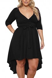 Nemidor Women's Solid V Neck Knee Length 3/4 Sleeve High Low Plus Size Party Dress - My look - $59.99 