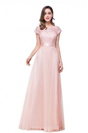 O-Neck Cap Sleeve Floral Lace Tulle Main of Honor Dresses - My look - $41.99 