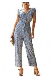 PRETTYGARDEN Women's Casual Button Front Ruffled Sleeveless V-Neck Floral Printed Long Pants Vintage Jumpsuit Romper - Mi look - $13.99  ~ 12.02€