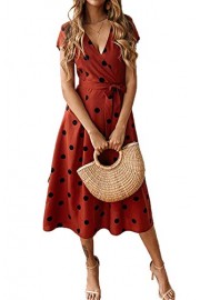 PRETTYGARDEN Women's Casual Wrap V Neck Short Sleeves Polka Dot Printed Boho Beach Midi Dress with Belt - Moj look - $16.99  ~ 14.59€