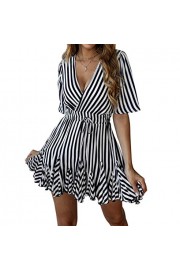 PRETTYGARDEN Women's Sexy Deep V Neck Short Sleeve Striped Wrap Ruffle Hem Pleated Mini Dress with Belt - Mój wygląd - $23.99  ~ 20.60€