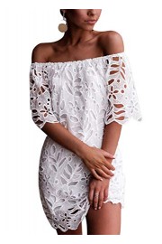 PRETTYGARDEN Women's Sexy Off Shoulder Vintage Floral Lace Flare Short Sleeve Loose Elegant Mini Dress - Mi look - $23.99  ~ 20.60€
