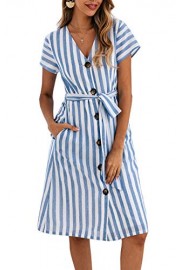 PRETTYGARDEN Women's Summer Striped Short Sleeve V Neck Button Down Belted Swing Midi Dress with Pockets - My时装实拍 - $24.99  ~ ¥167.44