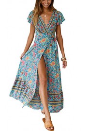 PRETTYGARDEN Women's Summer V Neck Wrap Vintage Floral Print Short Sleeve Split Belted Flowy Boho Beach Long Dress - My时装实拍 - $28.99  ~ ¥194.24