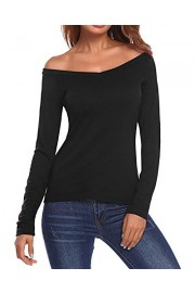 Poetsky Women Off Shoulder Long Sleeve Slim Fit V-Neck Casual T-Shrit Top - Myファッションスナップ - $17.99  ~ ¥2,025
