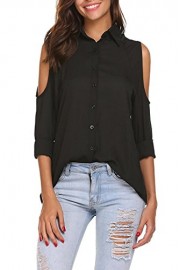 Poetsky Womens Cutout Cold Shoulder Roll Up Long Sleeve Button Down Chiffon Shirt Blouse - My look - $16.99 