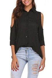 Poetsky Womens Cutout Cold Shoulder Roll Up Long Sleeve Button Down Chiffon Shirt Blouse - O meu olhar - $16.99  ~ 14.59€