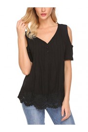 Poetsky Womens Cutout Cold Shoulder Short Sleeve Button Up Patchwork Lace Blouse T Shirt Tunic Tops - My时装实拍 - $16.98  ~ ¥113.77