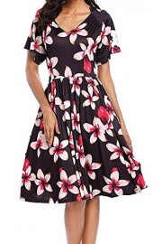 Poetsky Womens Floral Print Short Sleeve A Line V Neck Pleated Midi Dress - Myファッションスナップ - $22.99  ~ ¥2,587