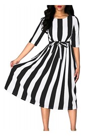 Poetsky Womens Half Sleeve Striped O Neck High Waist Pleated A Line Midi Dress With Belt - My时装实拍 - $13.89  ~ ¥93.07