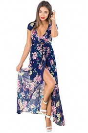 Poetsky Womens Short Sleeve Floral Print Split Boho V Neck Maxi Dress With Belt - Myファッションスナップ - $12.99  ~ ¥1,462