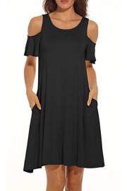 QIXING Women's Summer Cold Shoulder Tunic Top Swing T-Shirt Loose Dress With Pockets - Myファッションスナップ - $29.99  ~ ¥3,375