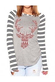 Qearal Women Christmas Reindeer Striped Elk Printed Long Sleeve Raglan T-Shirt Tops - My look - $9.99 