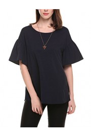 Qearal Women’s Casual Chiffon Blouse Crew Neck Short Ruffled Sleeve Side Slit Loose T-Shirt Tunic Tops - My look - $9.00 