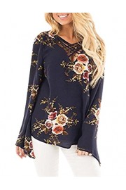 Qearal Womens Casual Crisscross V Neck Chiffon Floral Print Flare Sleeve Top T Shirt Blouse - My look - $10.99 