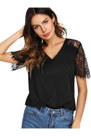 ROMWE Women's Casual V Neck Lace Short Sleeve Basic Tee Tops - My look - $4.99 
