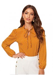 ROMWE Women's Tie Bow Neck Long Lantern Sleeve Ploka Dots Frill Trim Neck Elegant Blouse Top Shirt Yellow#1 Large - My look - $16.99 