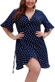 ROSE IN THE BOX Women's Plus Size Polka Dots Deep V Neck Ruffle Sleeve Wrap Casual Dress - My时装实拍 - $22.04  ~ ¥147.68