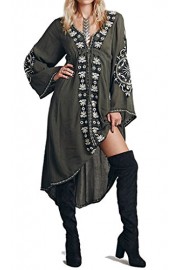 R.Vivimos Women Cotton Embroidered High Low Long Dresses XXL Army Green - Myファッションスナップ - $48.99  ~ ¥5,514