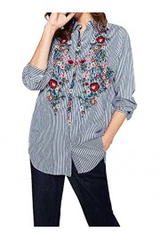 R.Vivimos Women Embroidery Blouse Long Sleeve Striped Shirt - My look - $19.99 