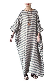 Romacci Women Casual Loose Dress Striped Print Batwing Sleeve Cotton Robe Maxi Long Dress Grey - My look - $18.89 