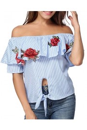 Romacci Women's Ruffle Off Shoulder Embroidered Floral Striped Tie Front Casual Crop T-shirt Top Blouses - My look - $22.99 
