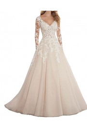 SIQINZHENG Bridal's A Line Full Sleeve V- Neck Wedding Dresses Lace Appliques Wedding Gown - Mi look - $149.99  ~ 128.82€