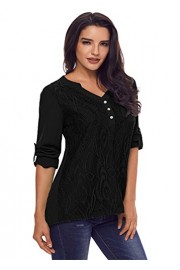 Shawhuwa Womens Floral Lace Loose Tops Button V-Neck Cuffed Sleeve Blouses - Moj look - $9.99  ~ 8.58€