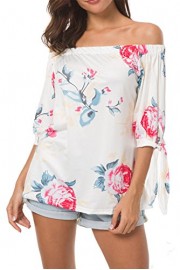 Shawhuwa Womens Off Shoulder 3/4 Sleeve Floral Print Elegant Blouses Tops - My look - $9.99 