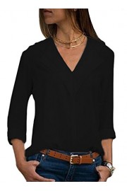 Sidefeel Women Casual Roll Sleeve V Neck Chiffion Blouse Tops - Moj look - $12.99  ~ 11.16€