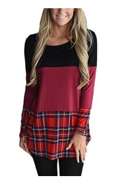 Sidefeel Women Color Block T-shirt Plaid Hem Long Sleeve Blouse Top - Moj look - $29.99  ~ 190,51kn