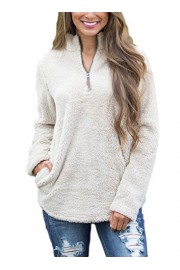 Sidefeel Women Long Sleeve Soild Fleece Zippered Sherpa Pullover Tops - Moj look - $39.99  ~ 34.35€