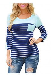 Sidefeel Women Striped 3/4 Sleeve Crew Neck Shirt Blouse Tops with Pocket - My look - $29.99 