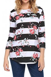 SimpleFun Women's Floral Print 3/4 Sleeve Shirt Loose Casual Round Neck Stripe Top - My时装实拍 - $15.99  ~ ¥107.14
