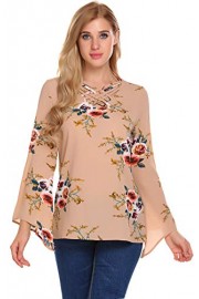 SimpleFun Women's Floral Print Long Bell Sleeve Casual Blouse V Neck Criss Cross Shirt Tops - My时装实拍 - $16.99  ~ ¥113.84