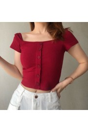 Square collar collar bone Hong Kong short knitted fashionable top - Myファッションスナップ - $27.99  ~ ¥3,150