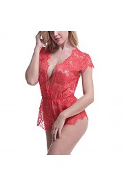 Sunglory Women Lingerie Lace Teddy Features Plunging Eyelash and Snaps Crotch - My look - $9.99 