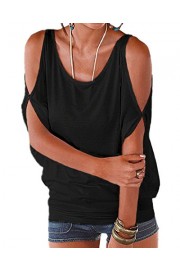 Sunm boutique Black Summer T Shirt Women Short Sleeve Cold Shoulder Loose Fit Pullover Casual Top - My look - $19.99 